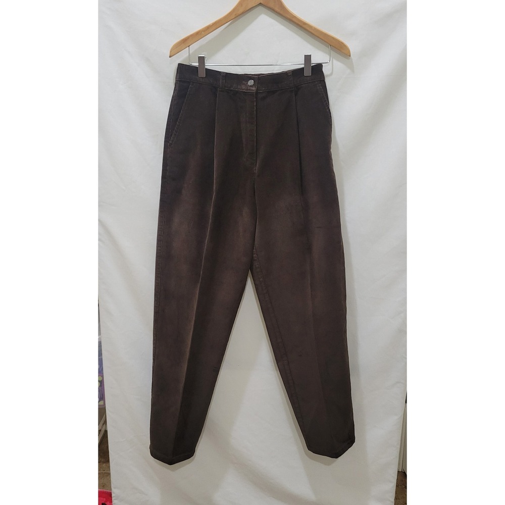 Y2k LL Bean Women Brown Corduroy Pleated Pants High Rise Tapered Leg Size 10 Reg